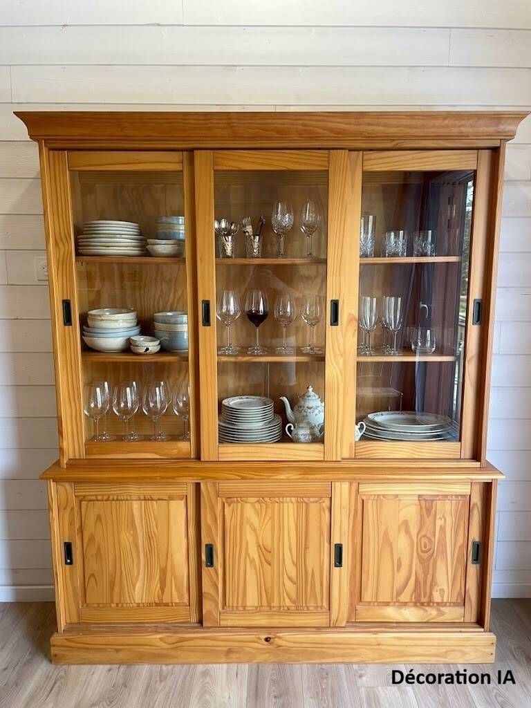 Large vintage display cabinet in solid pine with sliding doors, Country style.