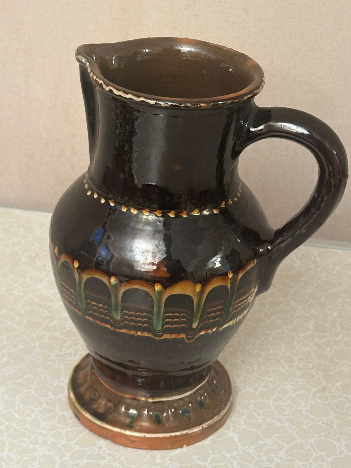 Vintage Romanian glazed pottery pitcher