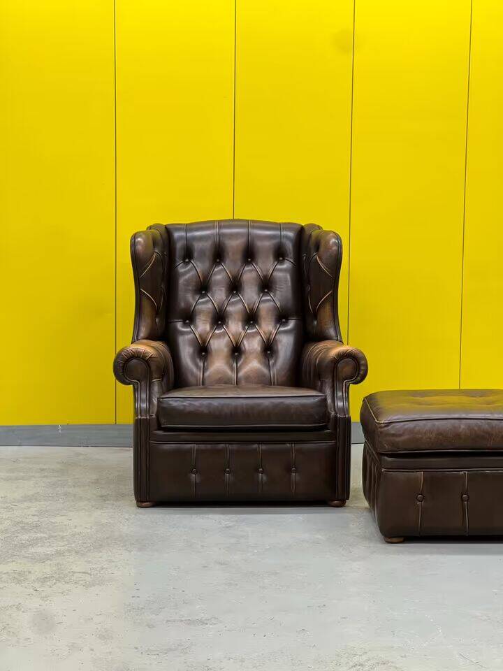 Brown leather chesterfield wing chair with Ottoman
