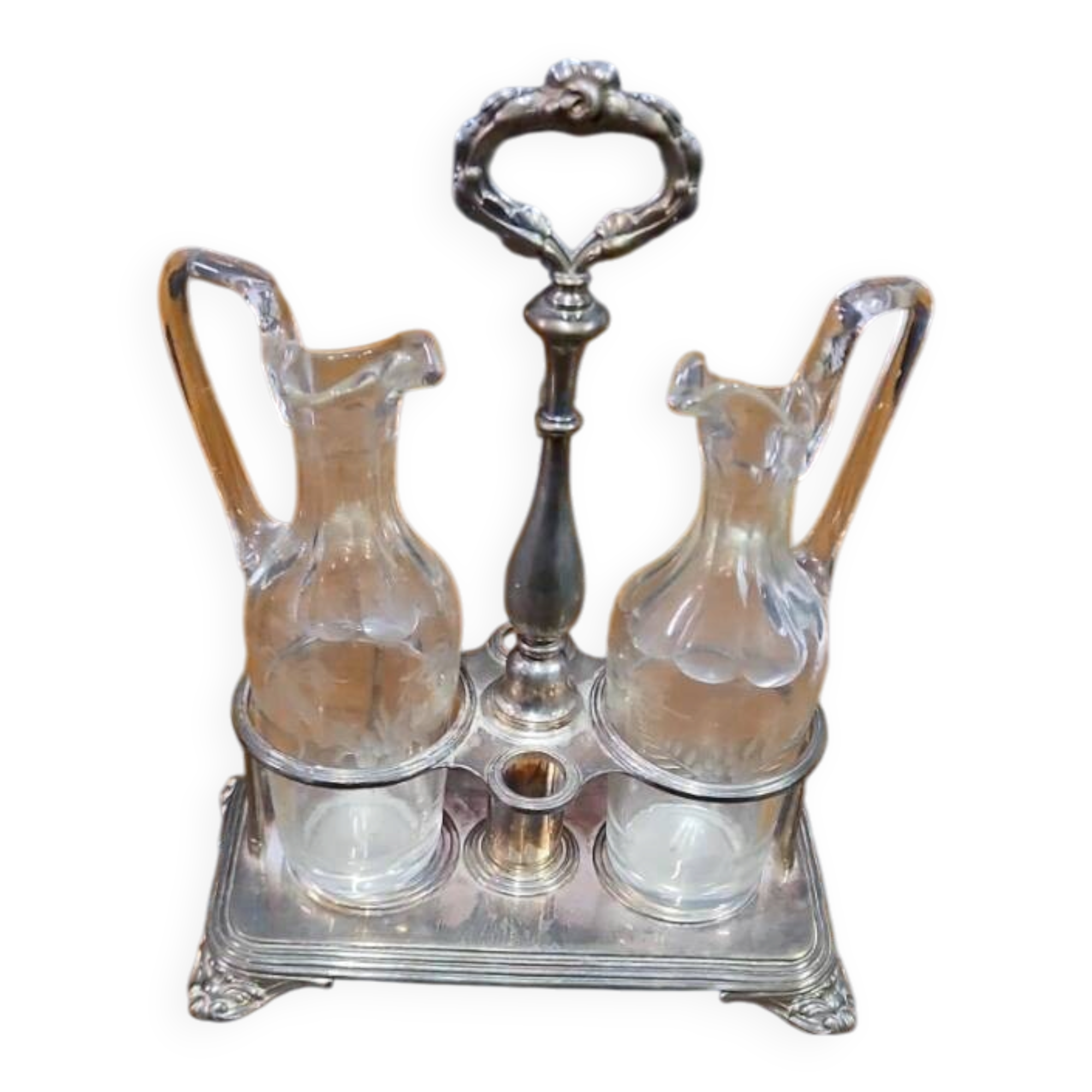 Oil and vinegar set CHRISTOFLE silver-plated + 2 crystal carafes
