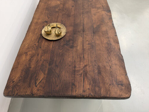Brutalist farmhouse table in solid oak, 270 cm, 1920s.