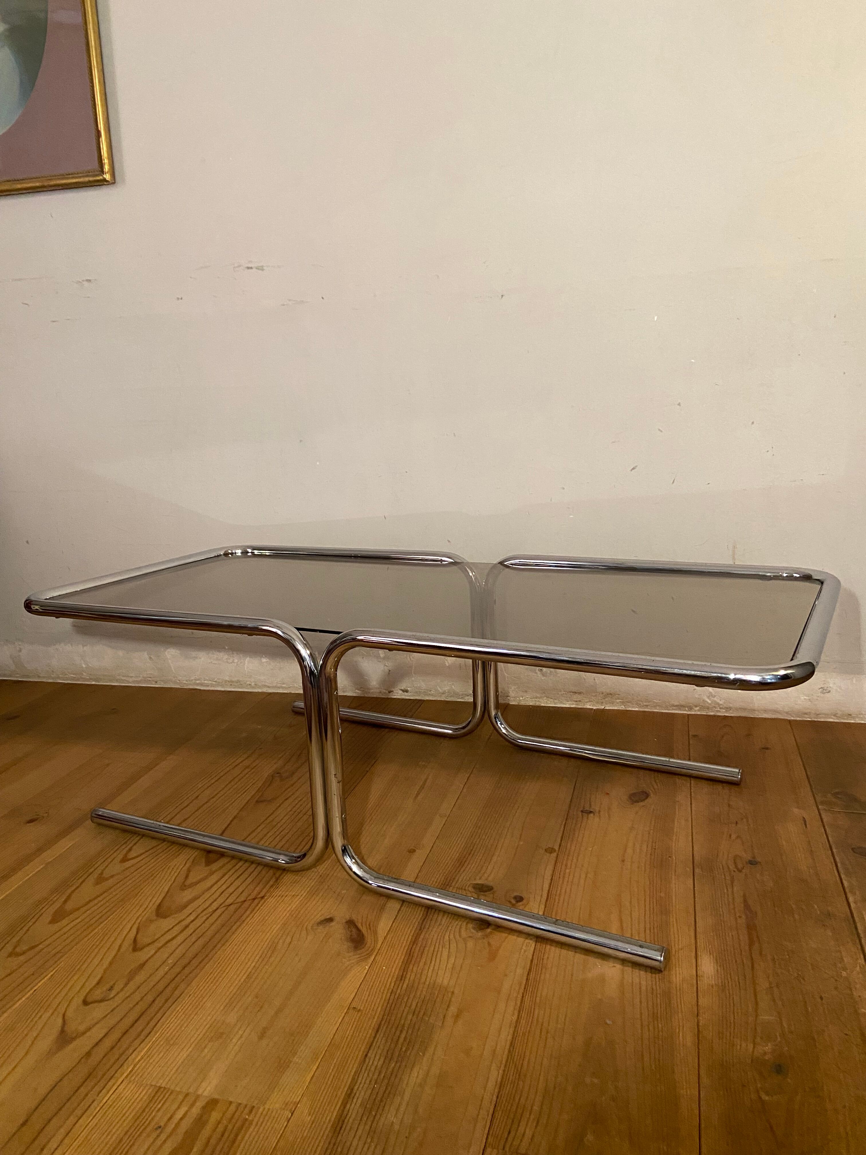 Vintage coffee table in chrome and smoked glass 70s