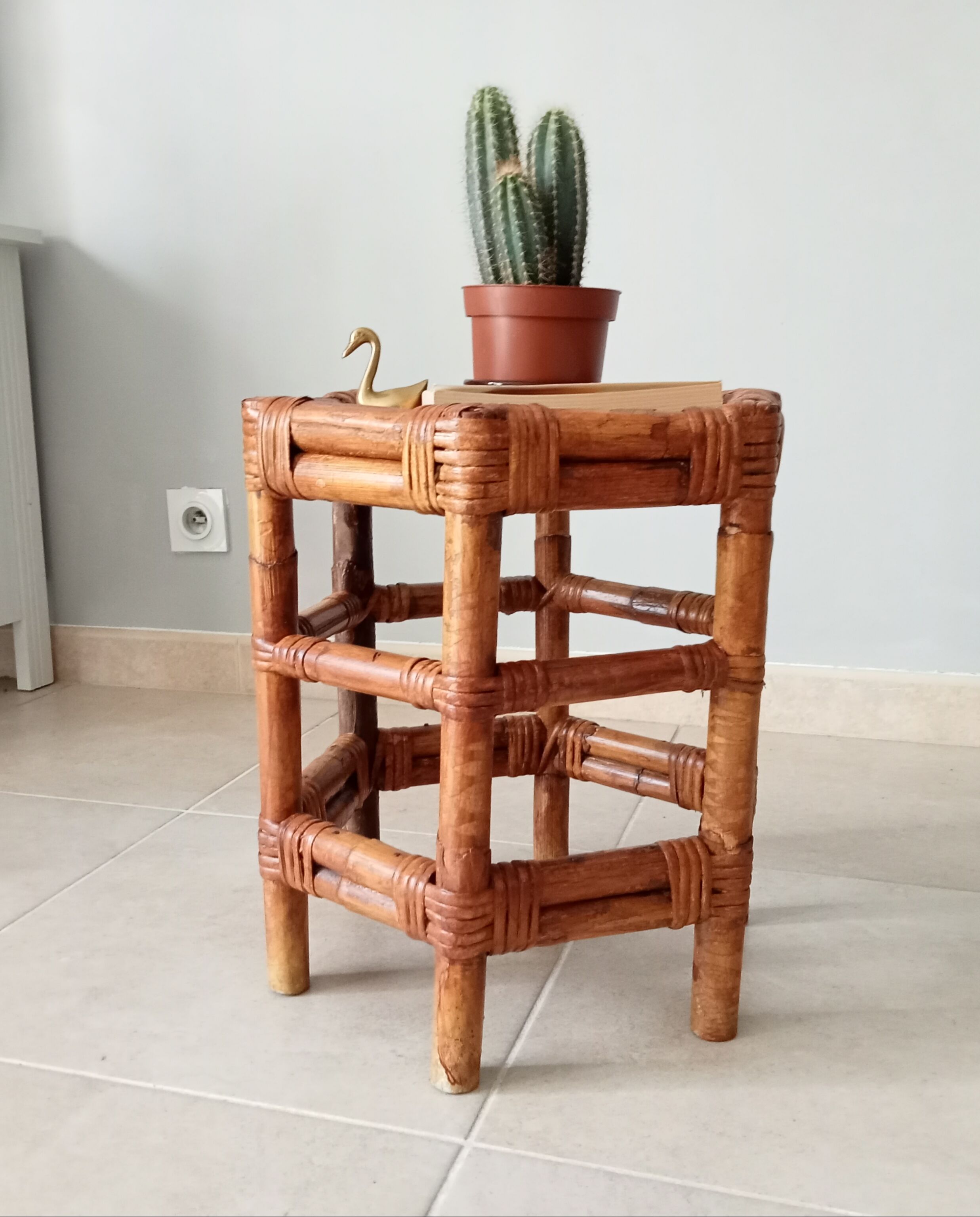 Vintage side table in bamboo and rattan 70s