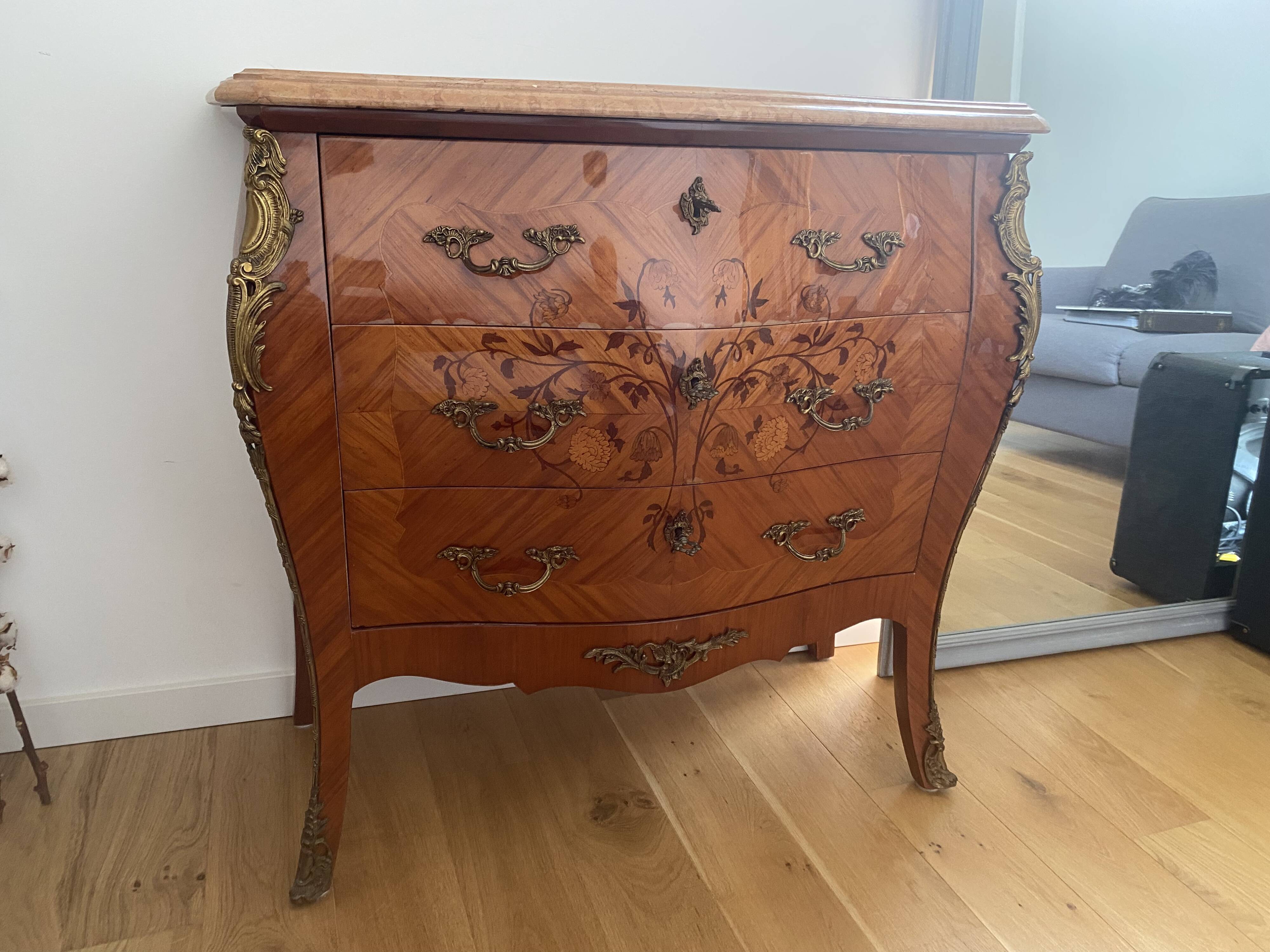 Commode 3 drawers galbee style louis xv marquetry marble top