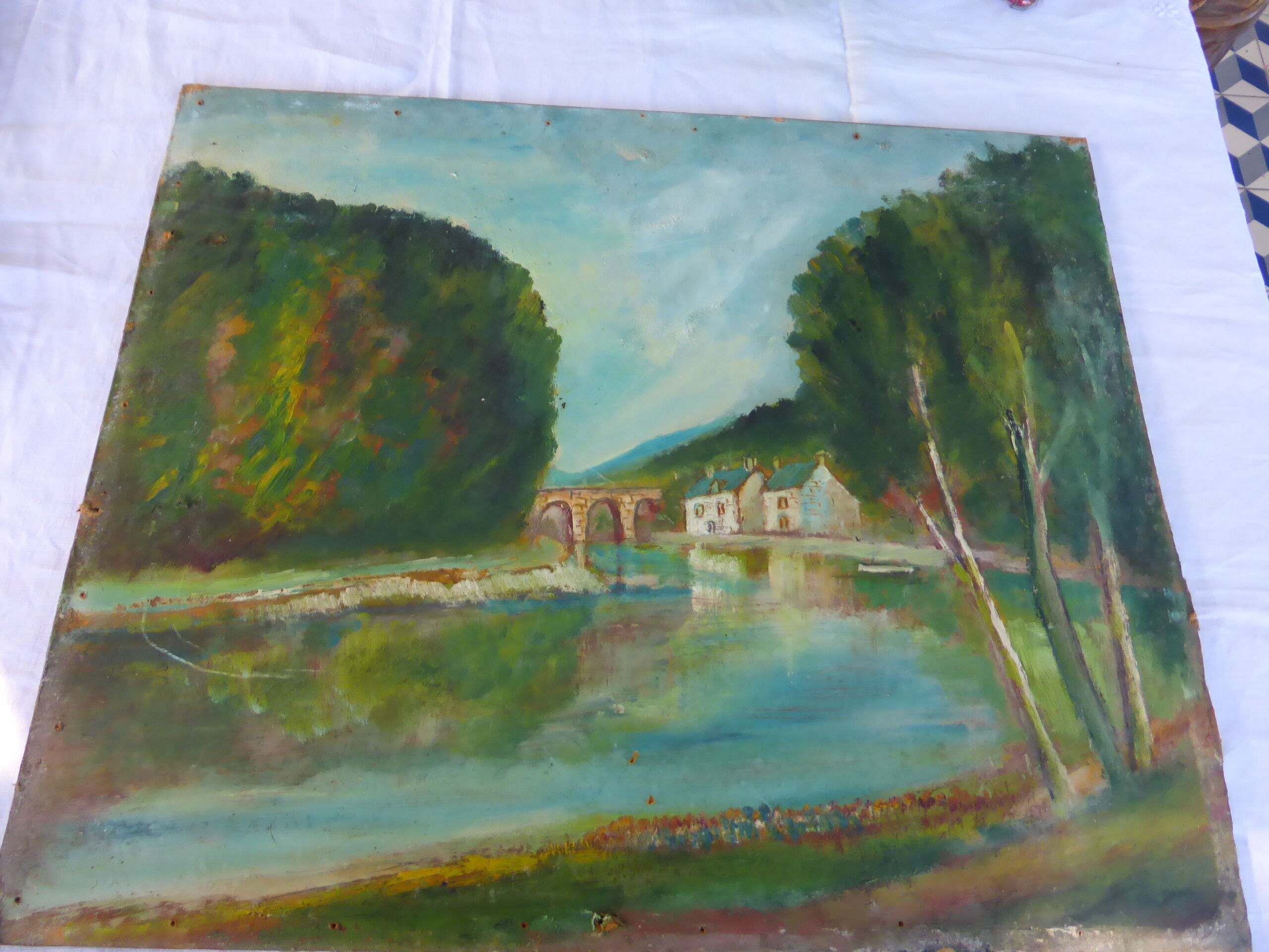 Table the mill by the vintage river 1950, unsigned