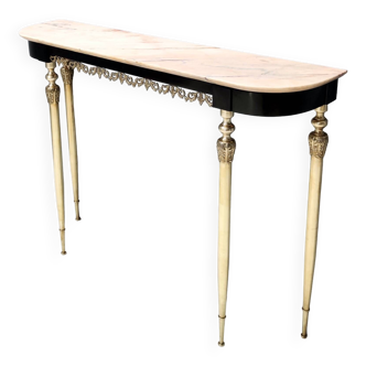 Table Console en Hêtre Noirci et Laiton avec Plateau en Marbre Rose Portugais, Italie