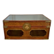 Beautiful vintage Chinese trunk in wicker, black and gold lacquered wood, and brass.