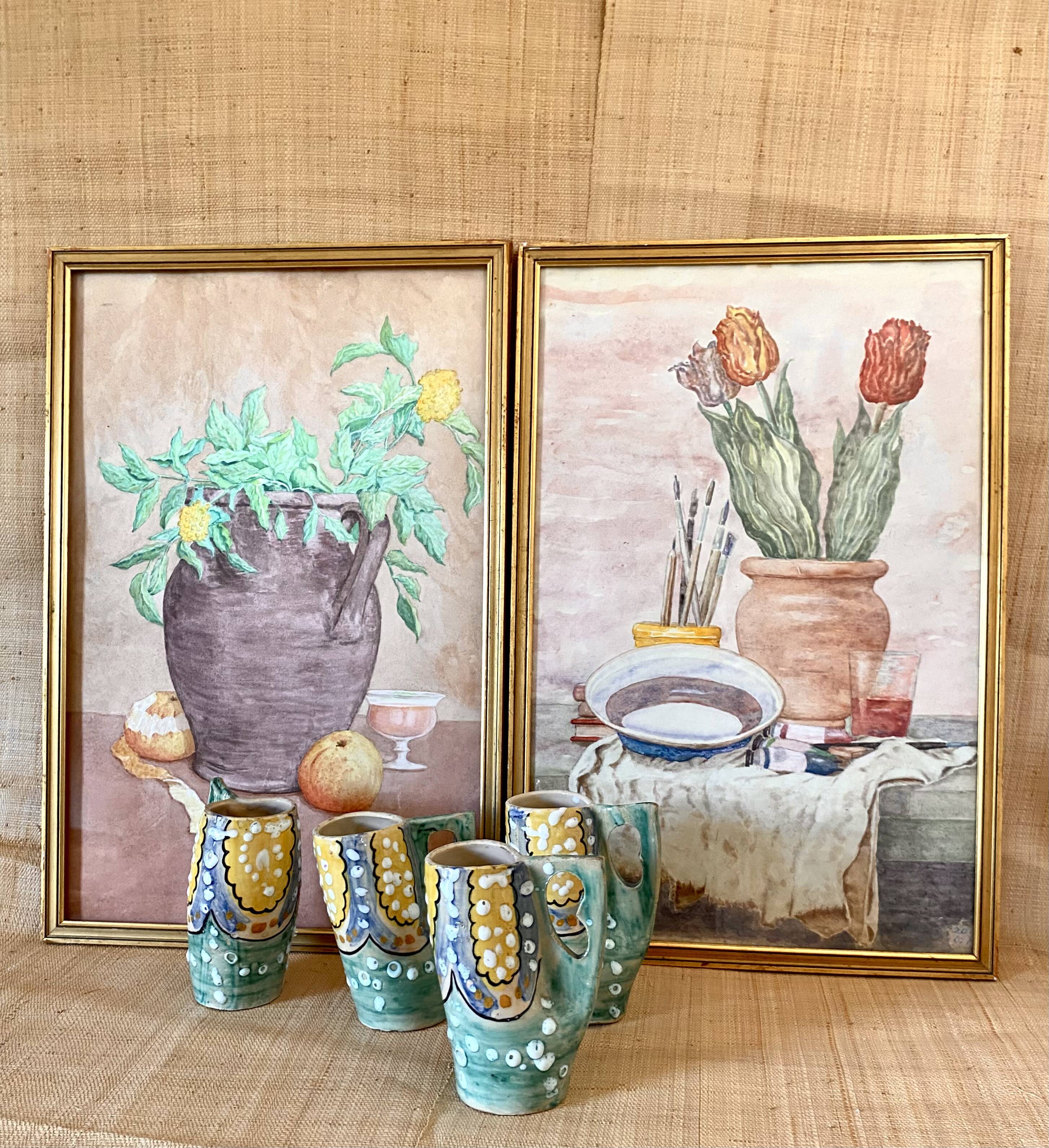 Watercolour still life from the 1970s under glass.