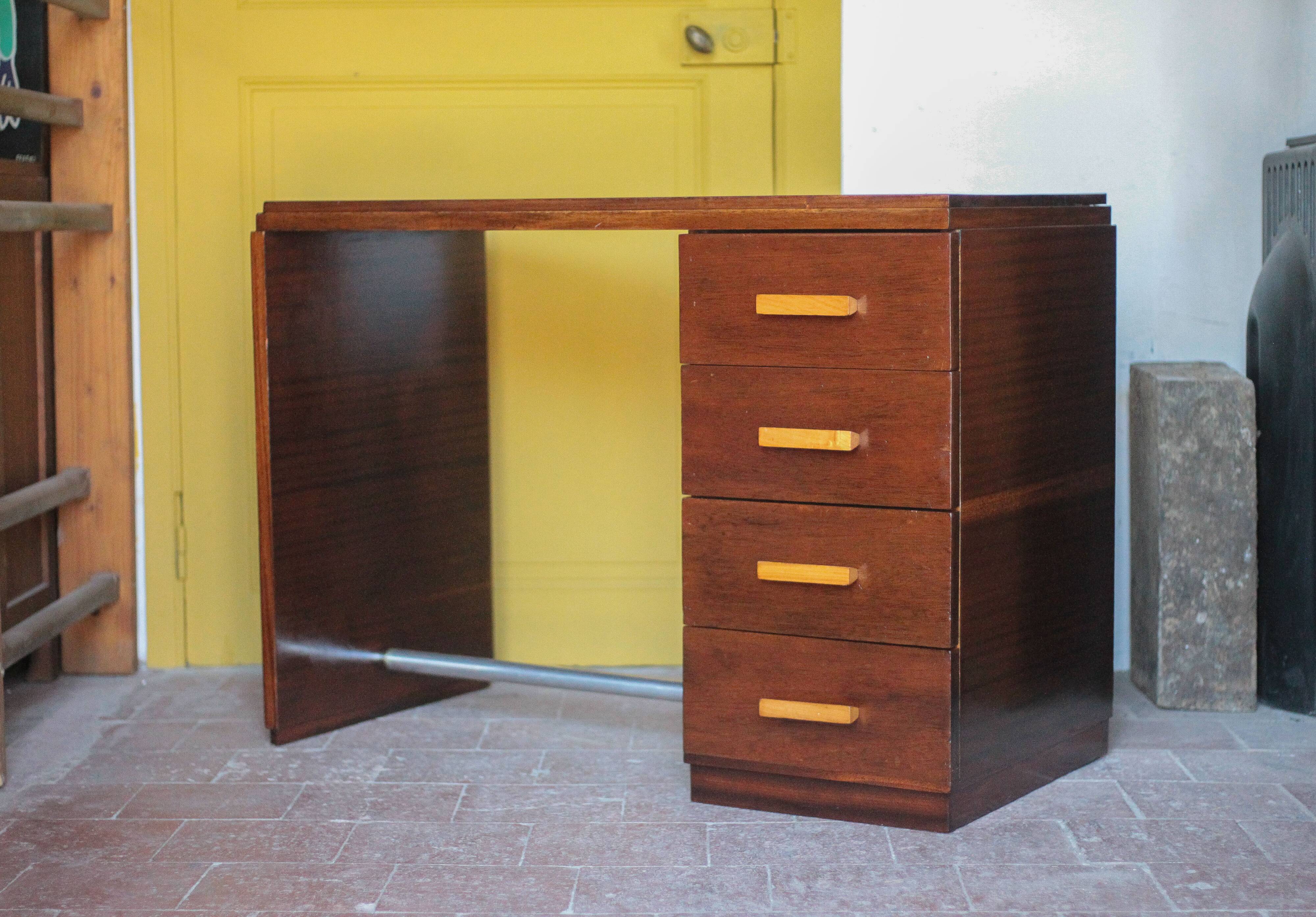 Vintage desk, wooden Art Deco desk from the 1930s, desk with drawers.