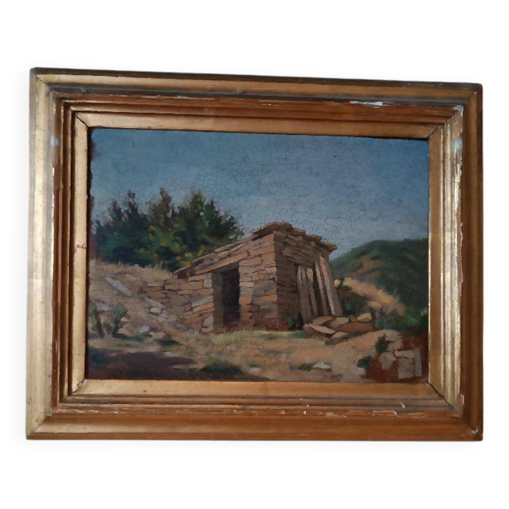 peinture de paysage à l'huile sur carton, cadre ancien du début des années