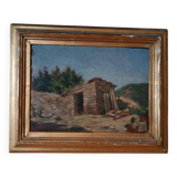 peinture de paysage à l'huile sur carton, cadre ancien du début des années