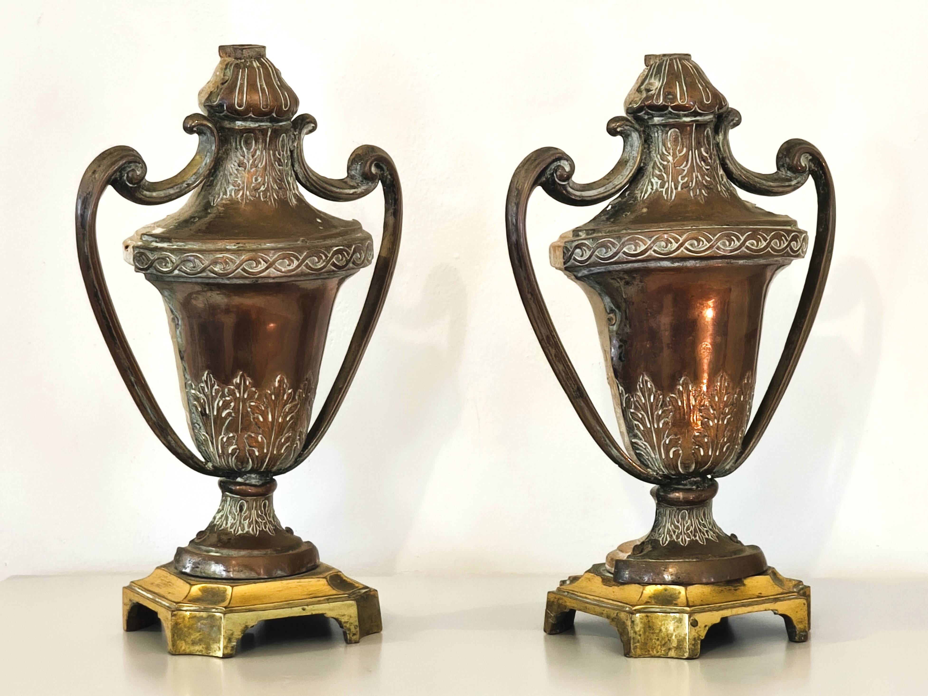 Pair of solid wood and bronze door handles, classical style, Italy 20th century.