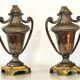 Pair of solid wood and bronze door handles, classical style, Italy 20th century.