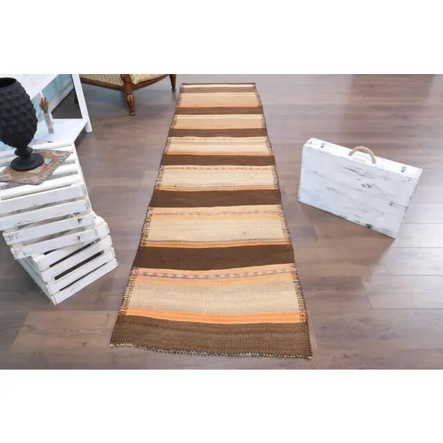 Vintage Turkish Oushak handmade wool cotton beige kilim runner rug 79x303