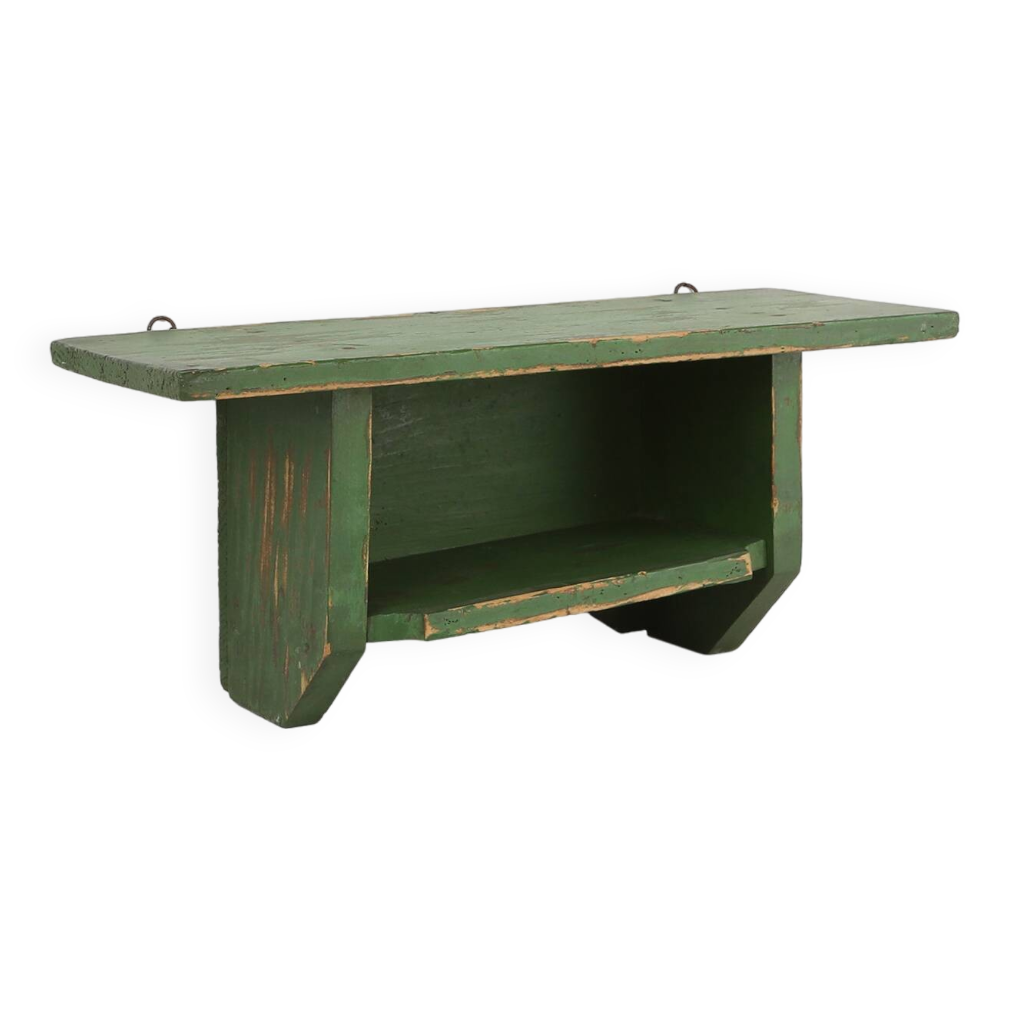 Rustic small green wooden wall unit with 2 shelfs, France ca. 1880