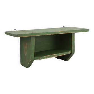 Petite unité murale rustique en bois vert avec 2 étagères, France vers 1880