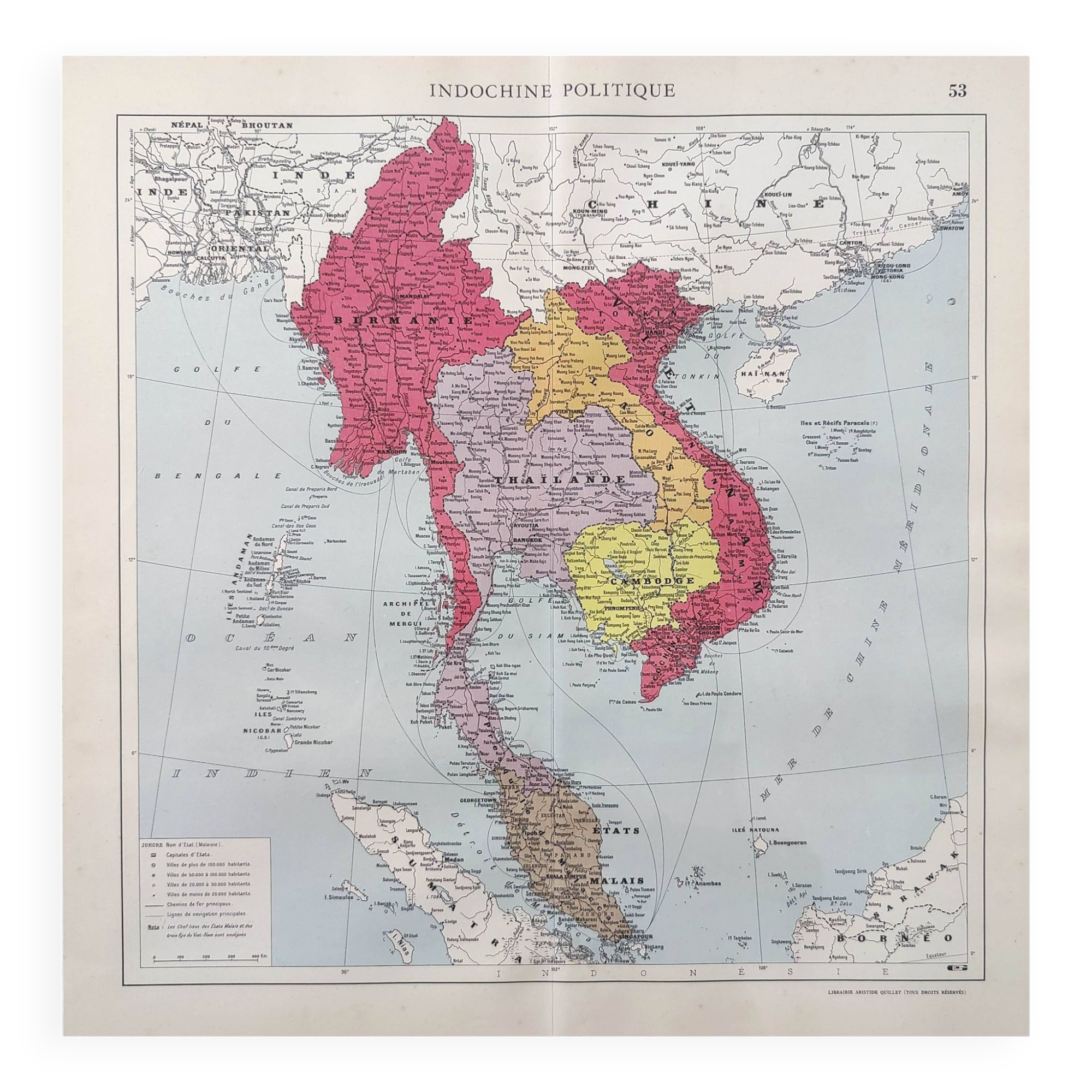 Old Indochina Asia map 43x43cm from 1950