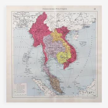 Old Indochina Asia map 43x43cm from 1950