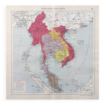 Carte ancienne Indochine Asie 43x43cm de 1950