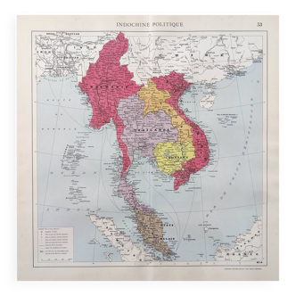 Old Indochina Asia map 43x43cm from 1950