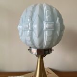 Vintage Art Deco modernist lamp with blue opaline glass and brass.