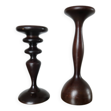 Pair of impressive Scandinavian wooden candlesticks, 1970s 1980s.
