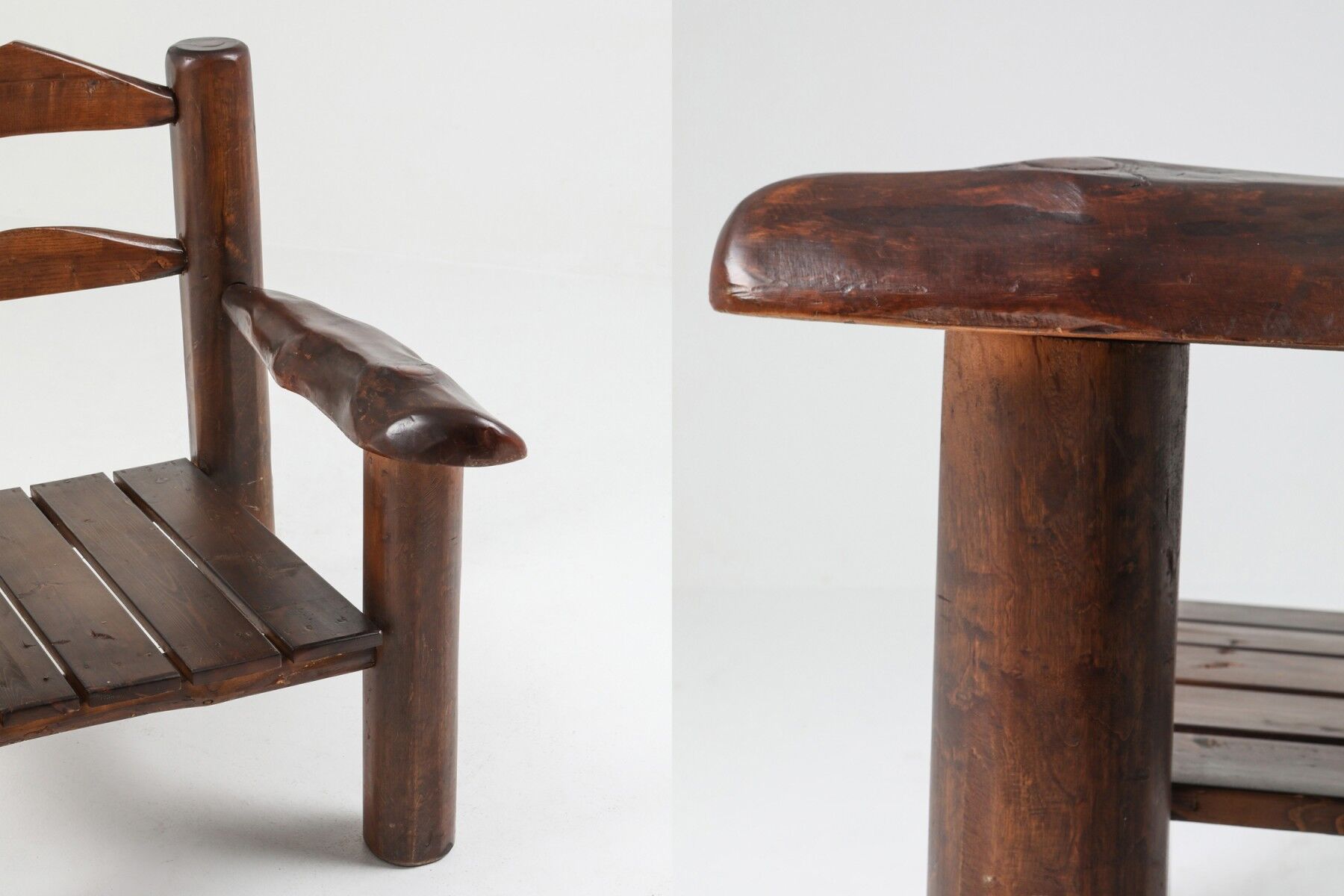 Pair of rustic wooden Wabi Sabi lounge chairs - 1950s