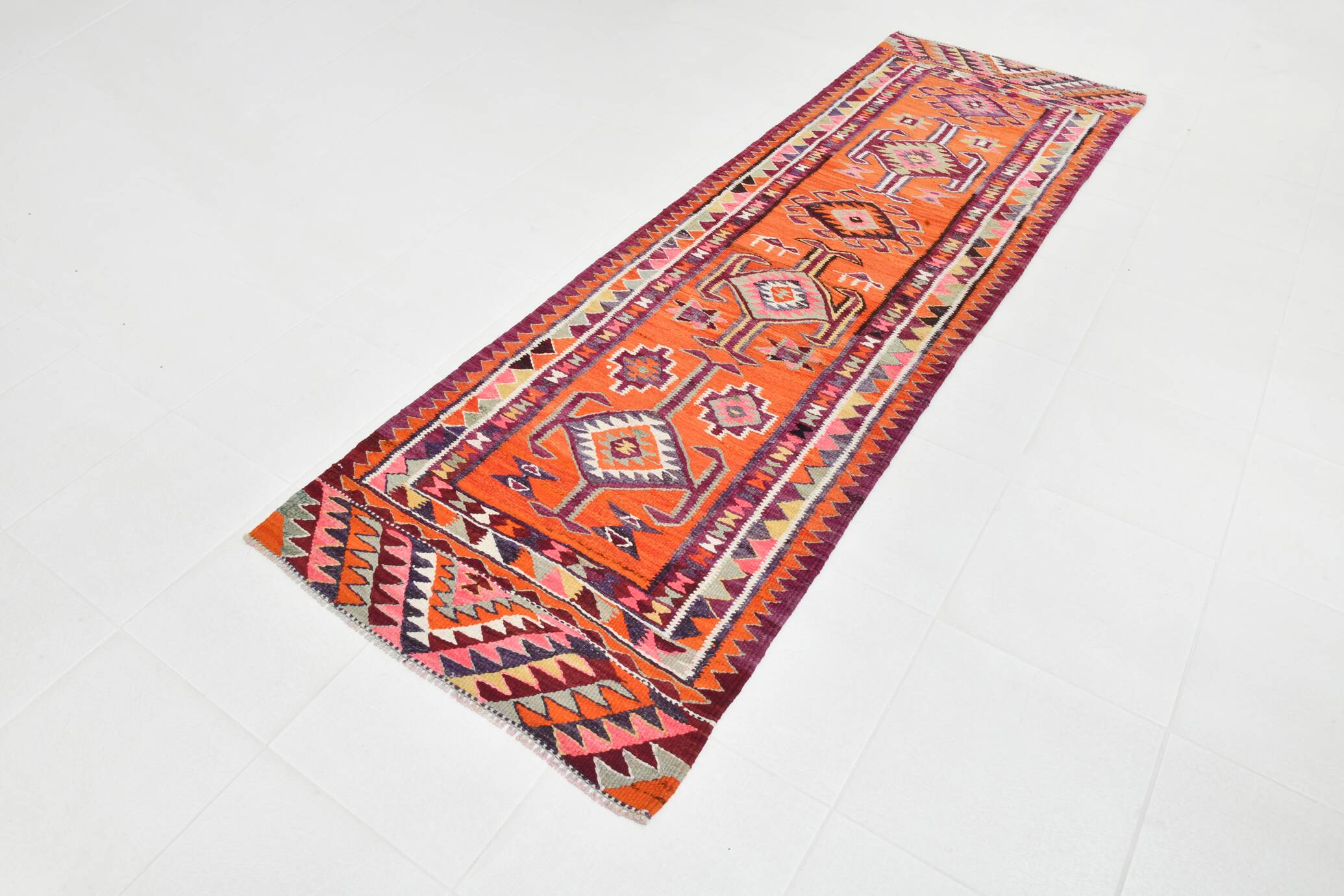 Burgundy & Orange Vintage Kilim Runner Rug, 92x292Cm