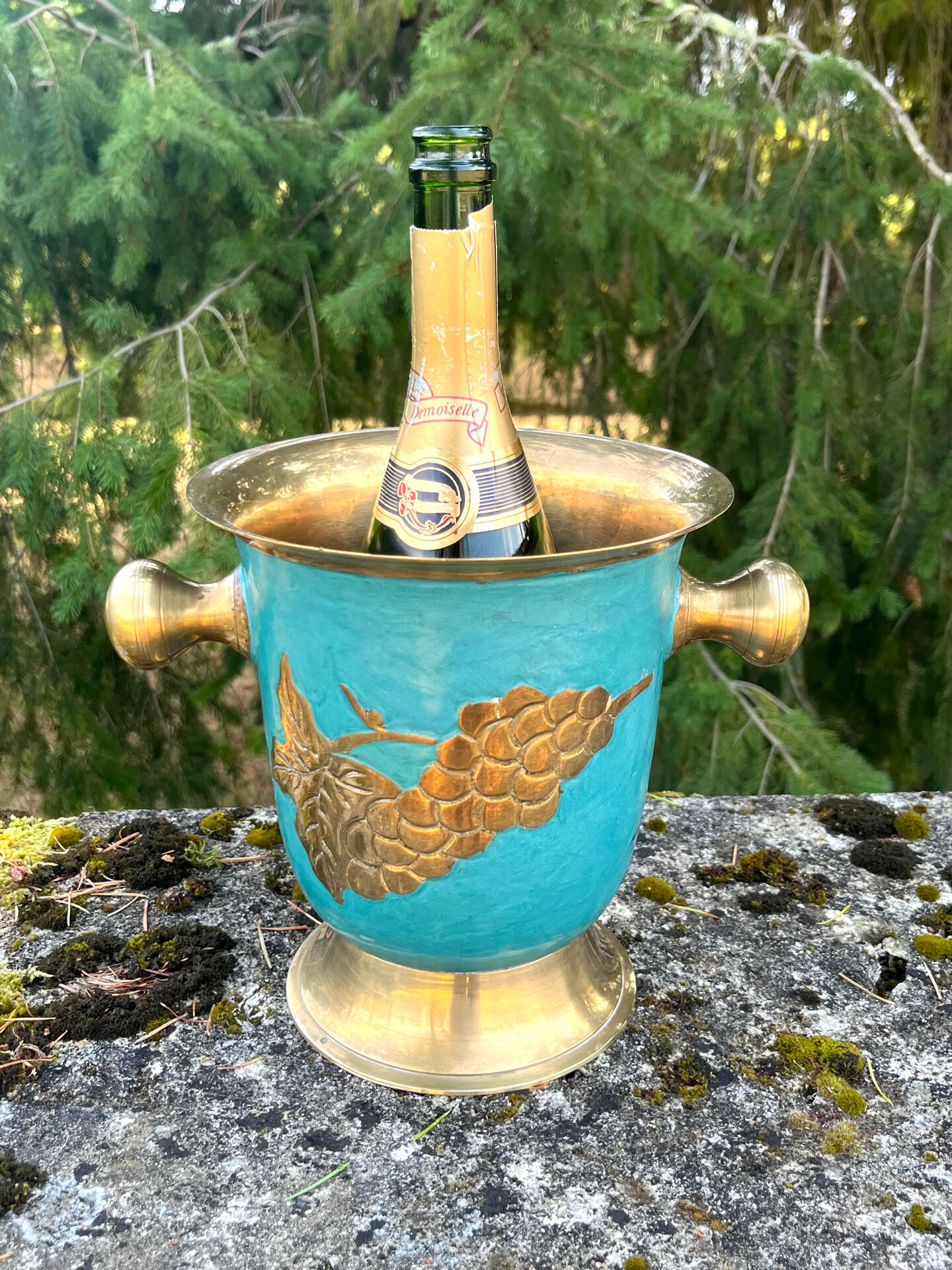 Vintage cloisonne brass champagne bucket with turquoise grape design