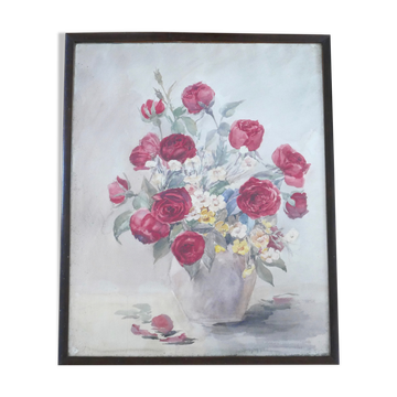 Tableau peinture d'une nature morte avec bouquet de fleurs, années30