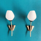 Old pair of brass wall lights and opaline glass globes 50s/60s vintage decoration