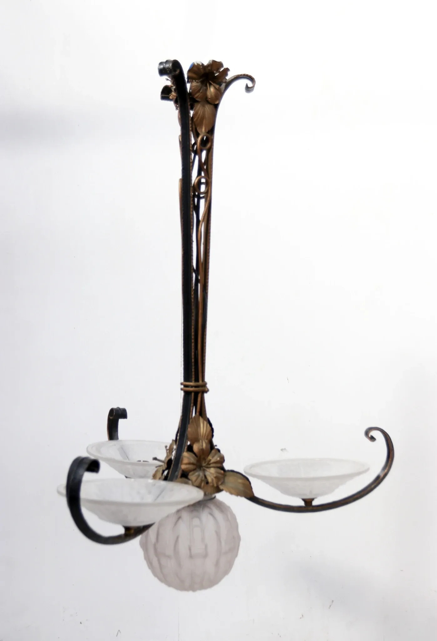French Art Deco wrought iron pendant lamp, pressed glass, 1920s-30s