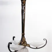 French Art Deco wrought iron pendant lamp, pressed glass, 1920s-30s