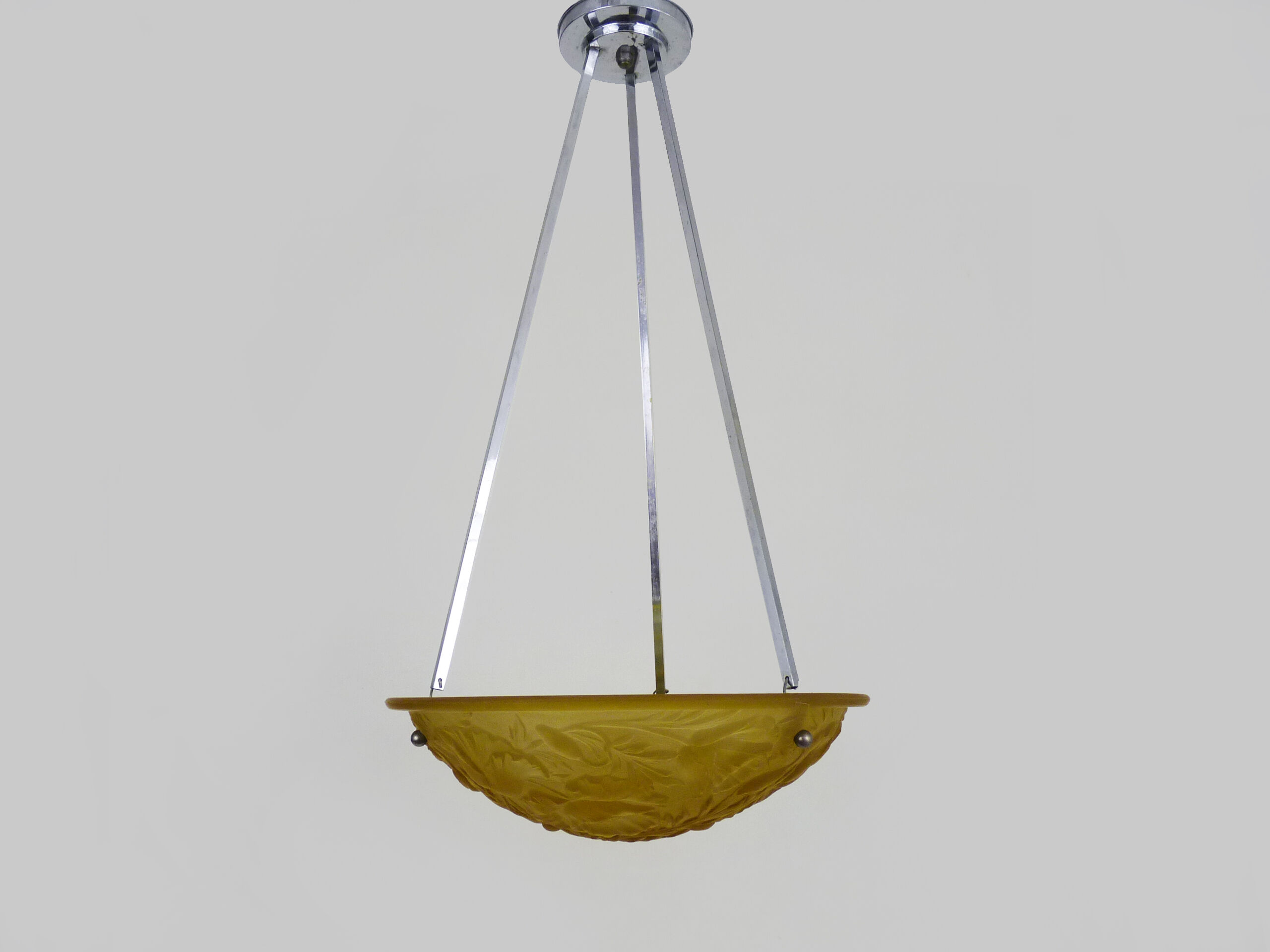 Old chandelier, suspension basin art deco 1 fire, in yellow glass paste