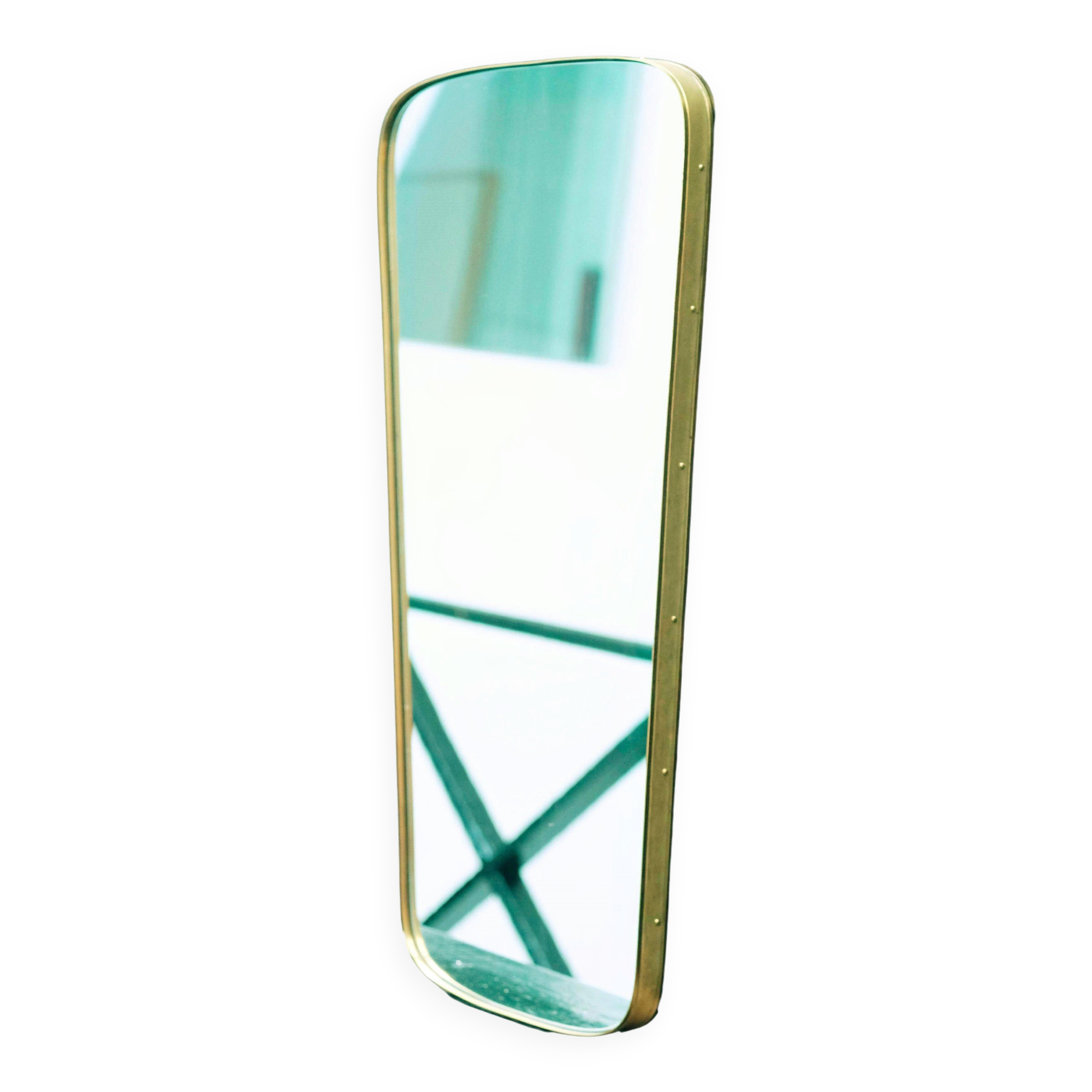 Rectangular Mirror Mid-Century Style Rounded Edges and Repoussé Brass Frame