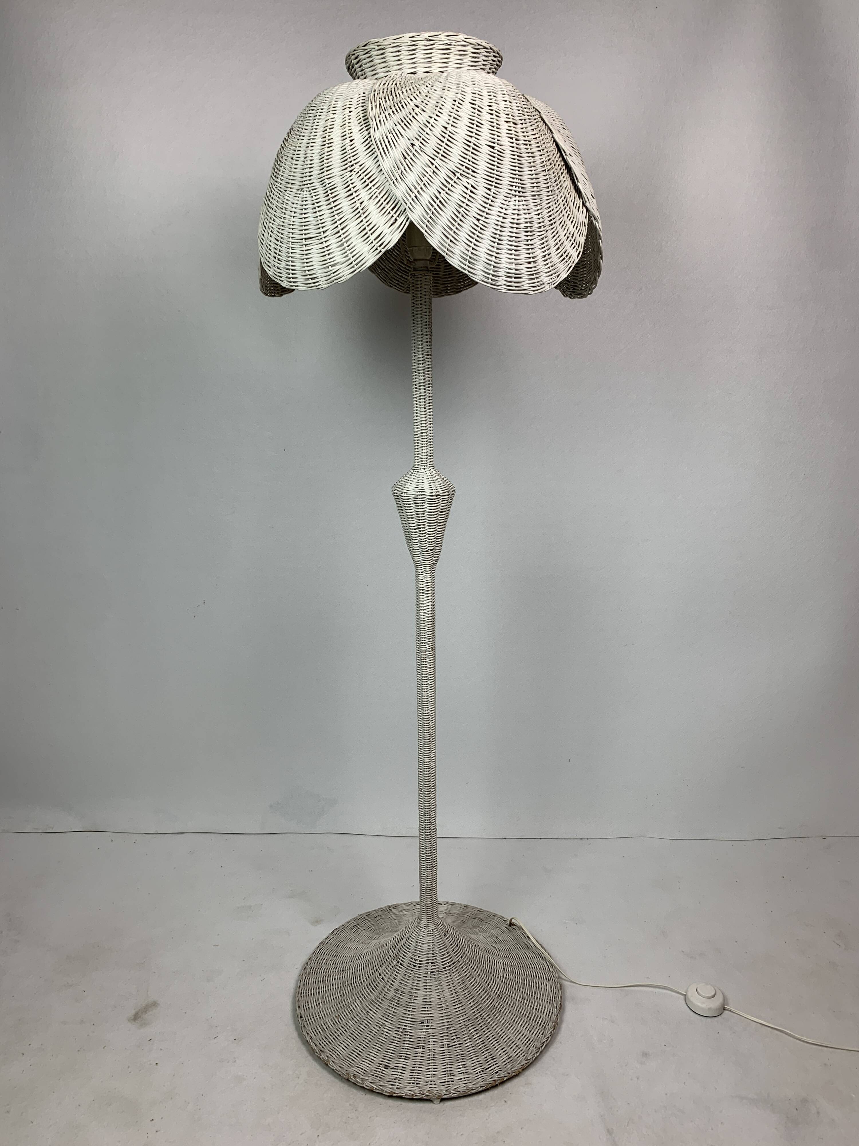 Mid-century French rattan wicker boho floor lamp, 1950s-1960s