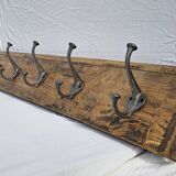 Teak coat rack with 8 double cast iron hooks