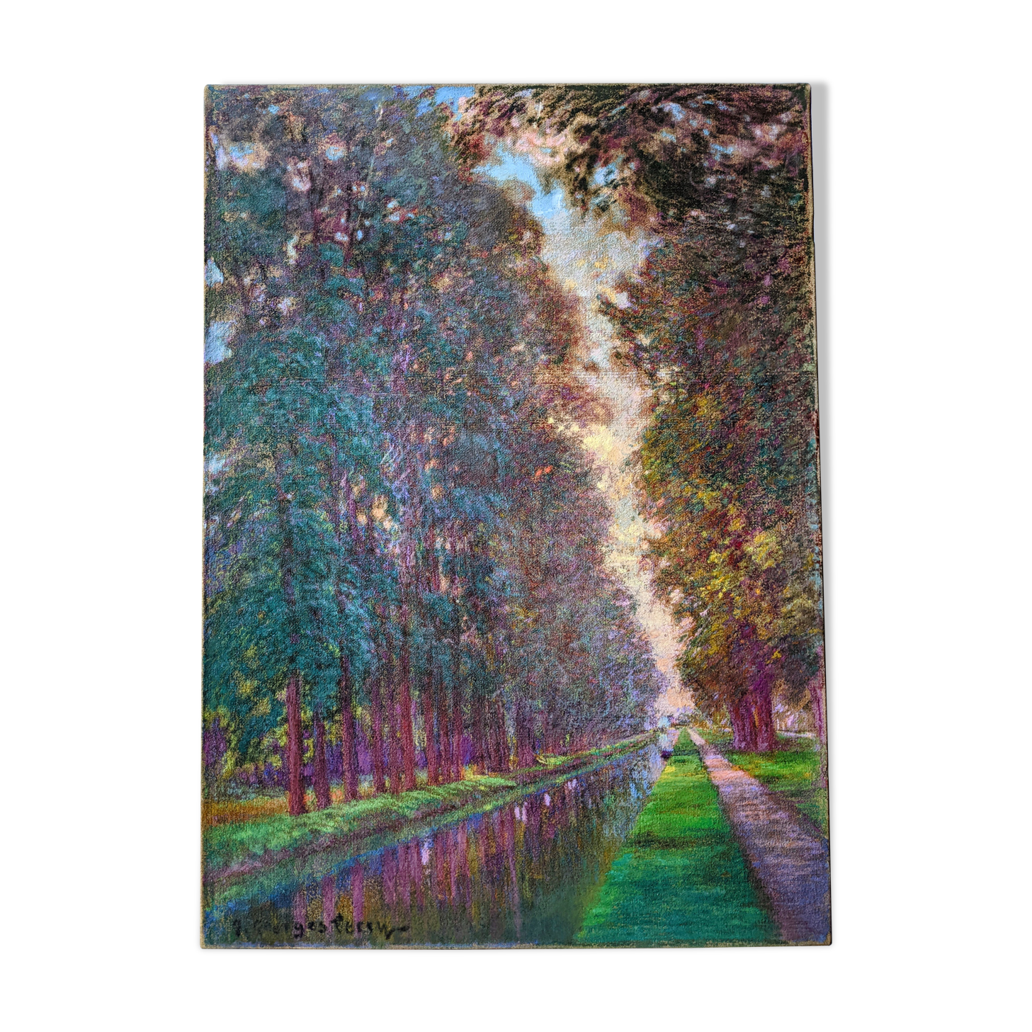 Ancien Pastel sur toile- Le Canal du midi - Signé Jean Georges FERRY