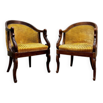 Pair of gondola bergères in mahogany with swan necks in empire style 19th century
