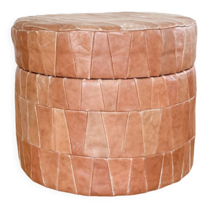 Pouf coffre patchwork cuir beige