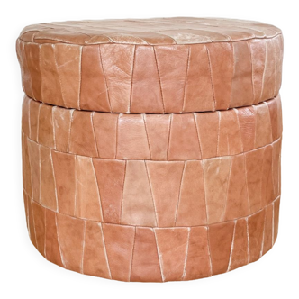 Pouf coffre patchwork cuir beige