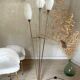 Vintage reed floor lamp in black metal and brass with three white opalines
