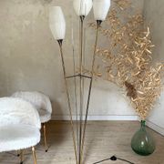 Vintage reed floor lamp in black metal and brass with three white opalines