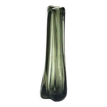 Brutalism vase, green pressed glass, Ząbkowice, Poland, 1970s
