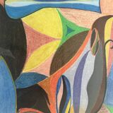 Vintage pastel cubist still life painting under glass and signed from 1967.