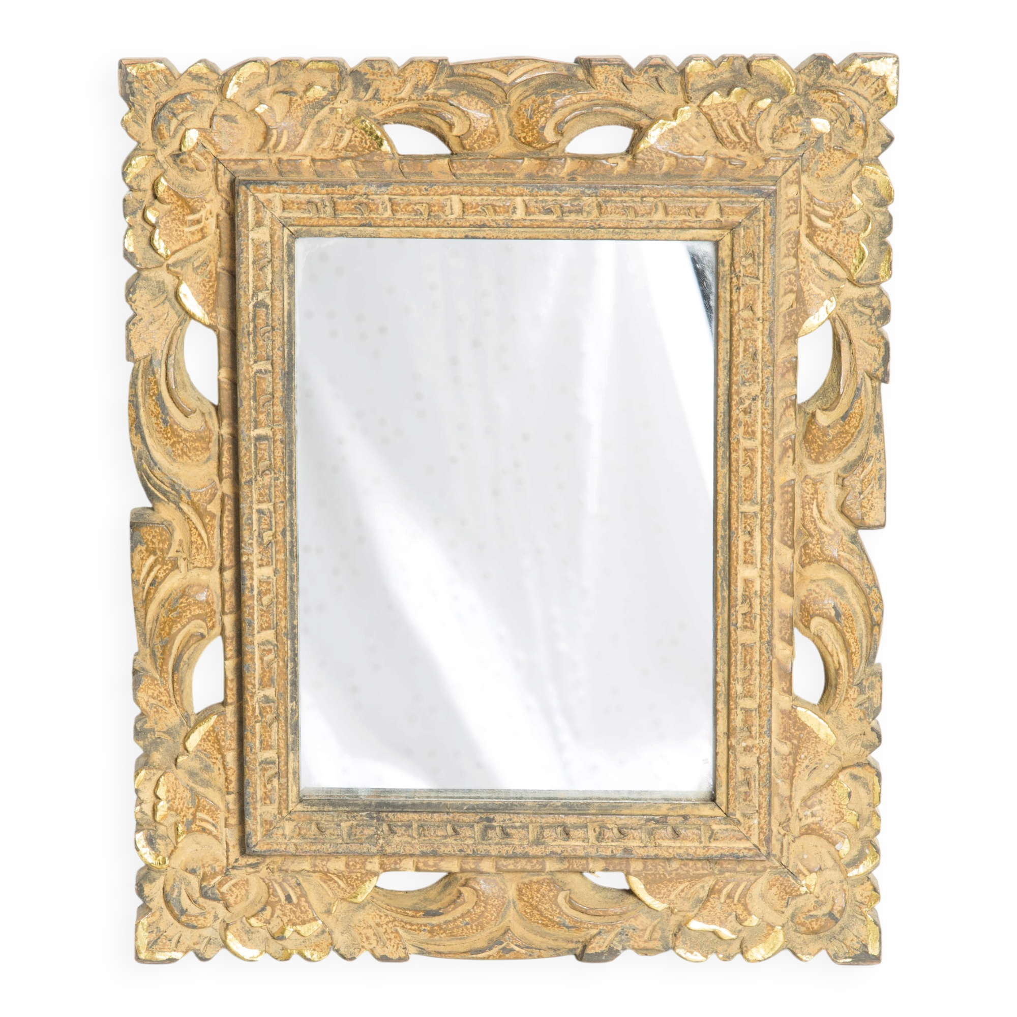 Decorative gold mirror mid-century in a wooden frame, Italy, 1960s.