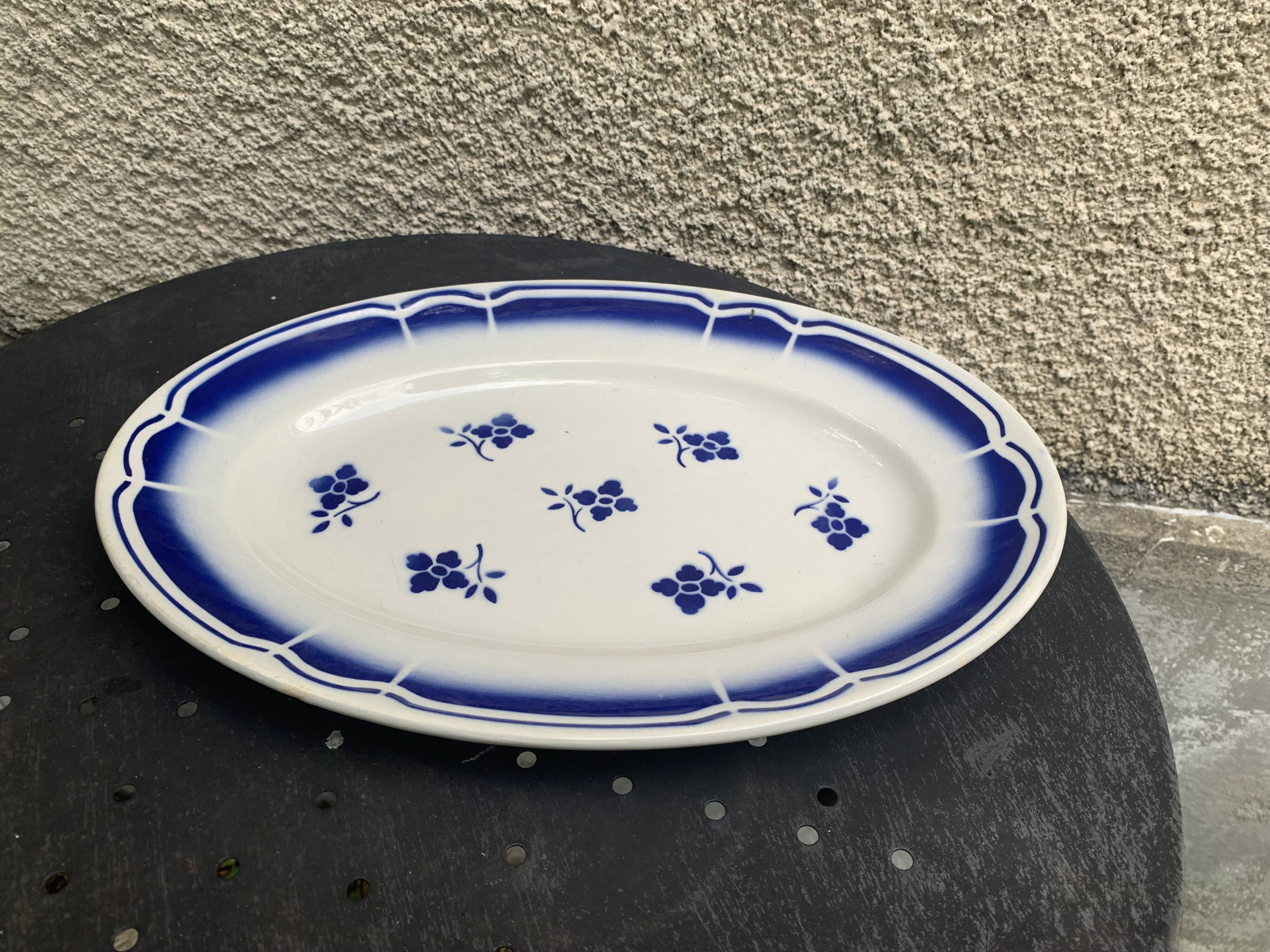 Art Deco earthenware blue flower serving dish