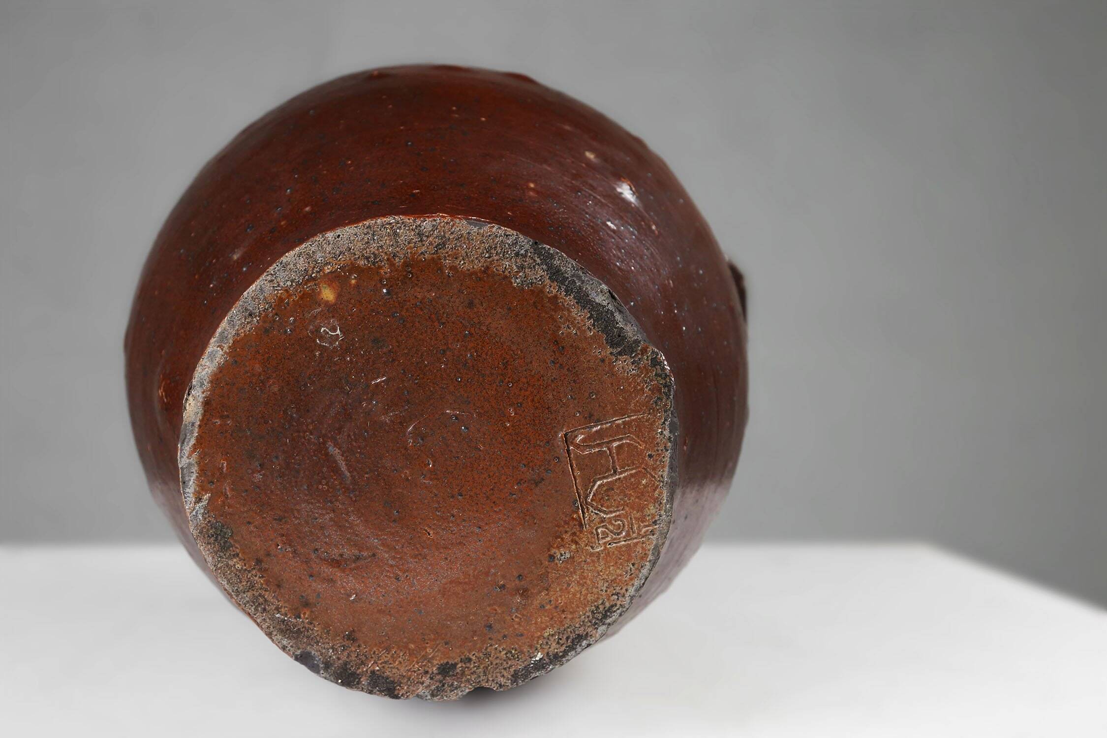 Signed Rustic Large Glazed Brown Ceramic Pot, Belgium, 1800s