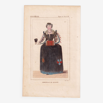 Color Engraving 19th Century 1840 Fashion Woman Lady Quality Fascion Dress Dress Reign of Henry III