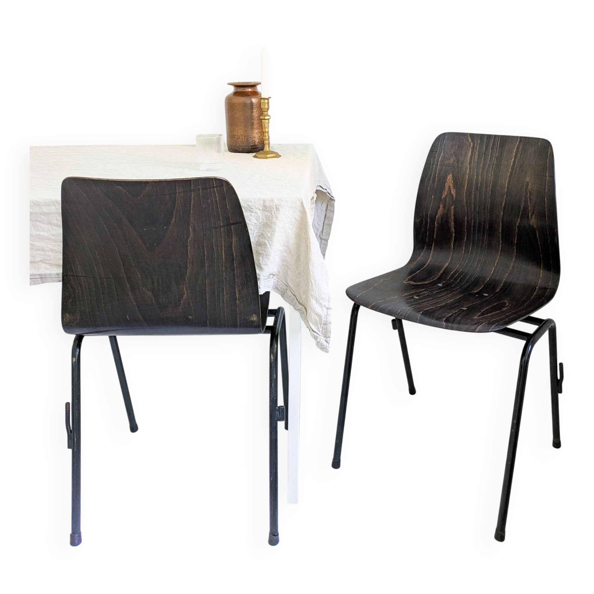 Lot de 2 chaises vintage Pagholz assise brun foncé piètement métal noir Wes